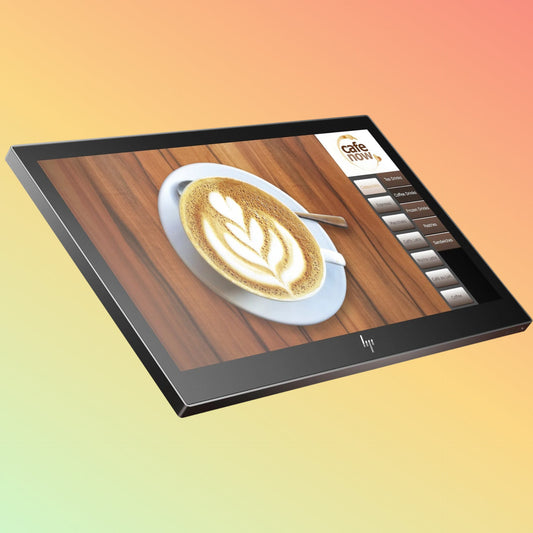 Alt="HP Engage One Prime POS terminal showcasing its compact and stylish design on a retail counter."